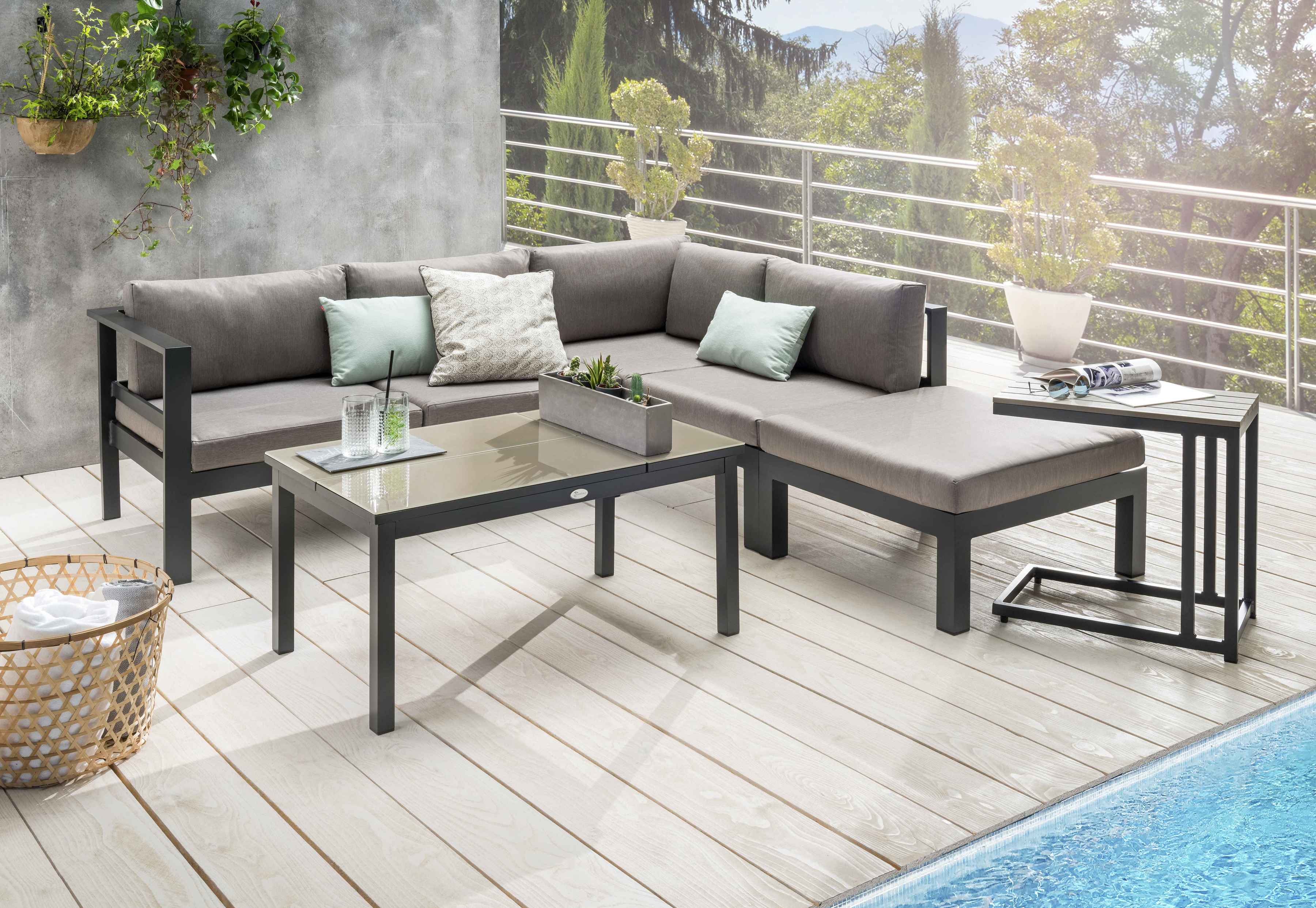 Destiny Gartenlounge-Set "ARENAL" Set, 2x Schenkel, 1x Tisch, 1x Beistelltisch, 1x Hocker, inkl. Auflagen, 15 Stk. tlg. Aluminium, Tisch: Glasplatten anthrazit B/H/T: 65cm x 224cm Rabatt: 36 % Unkategorisiert online kaufen