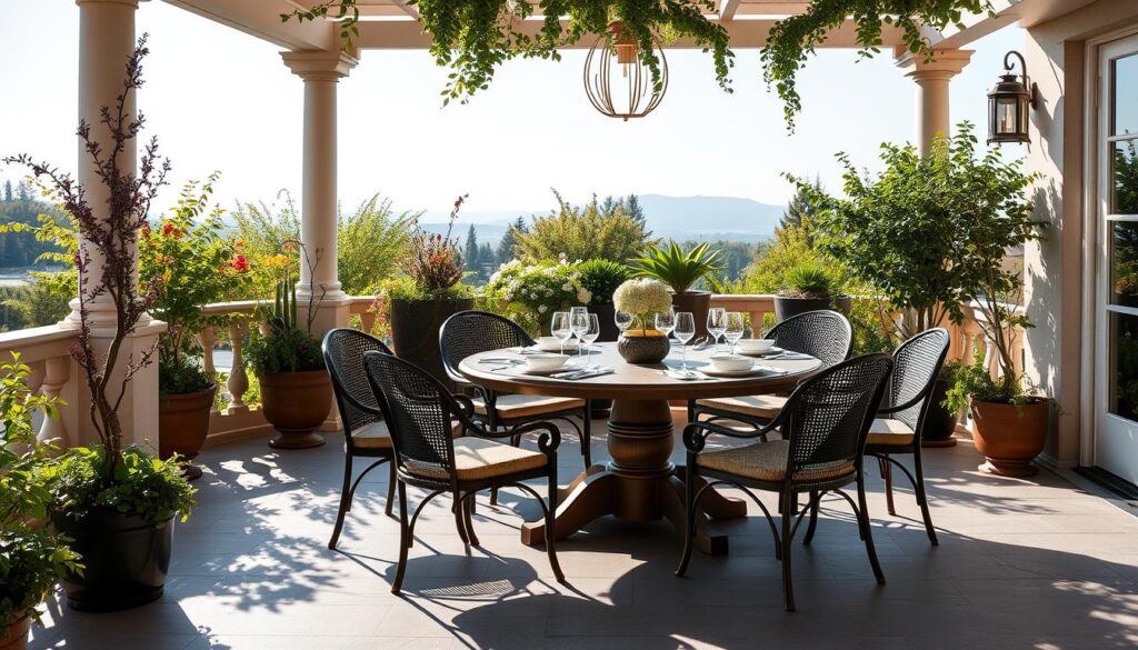 Rundetische mit Stühlen auf Terrasse