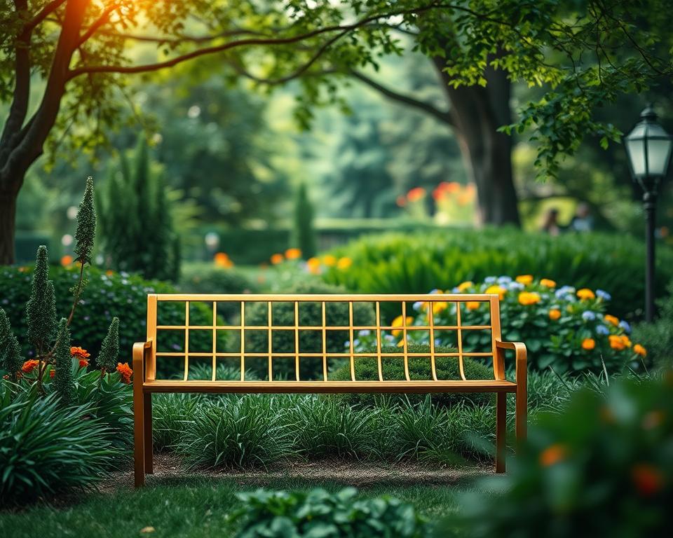 Moderne Metallgartenbänke im Garten