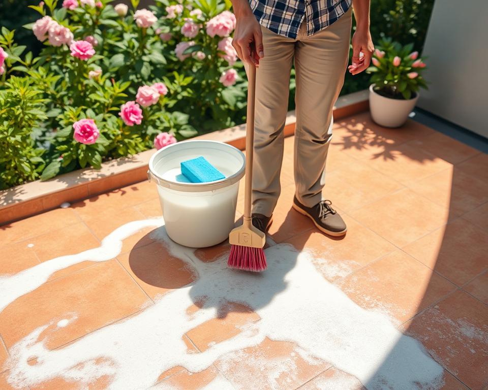 Terrassenplatten reinigen mit Waschpulver