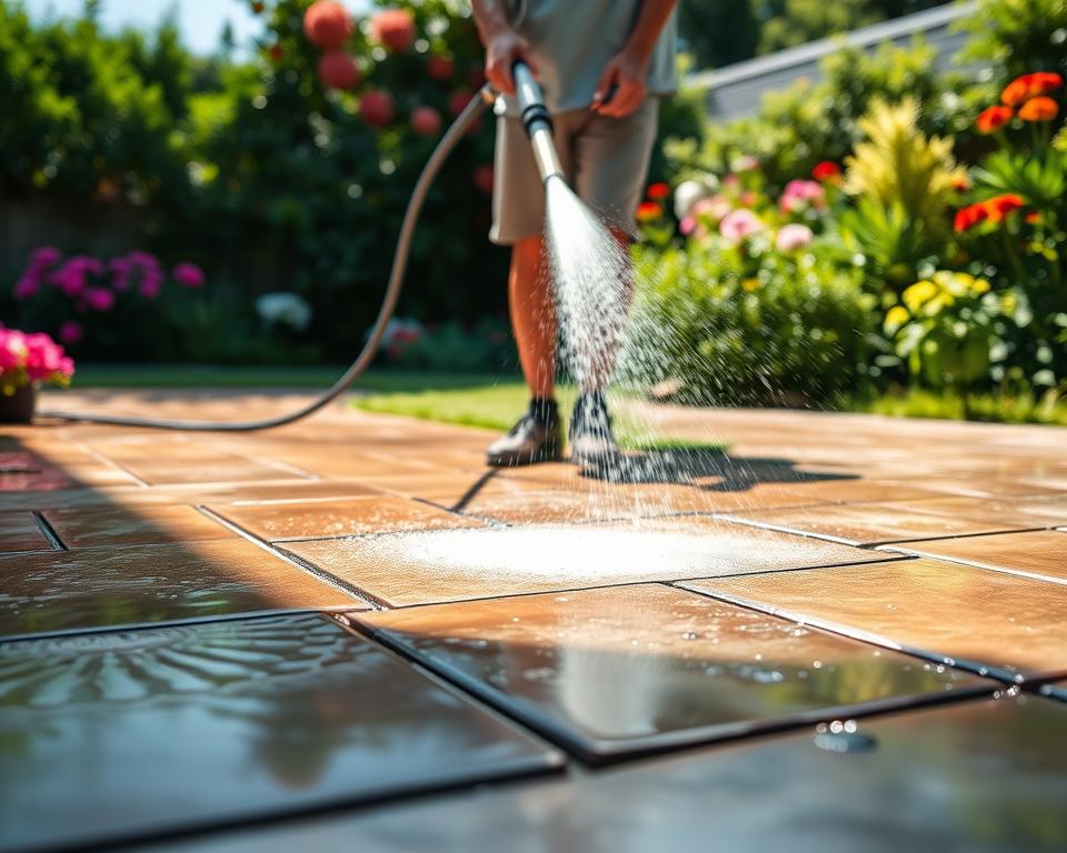 Terrassenplatten reinigen mit Wasser